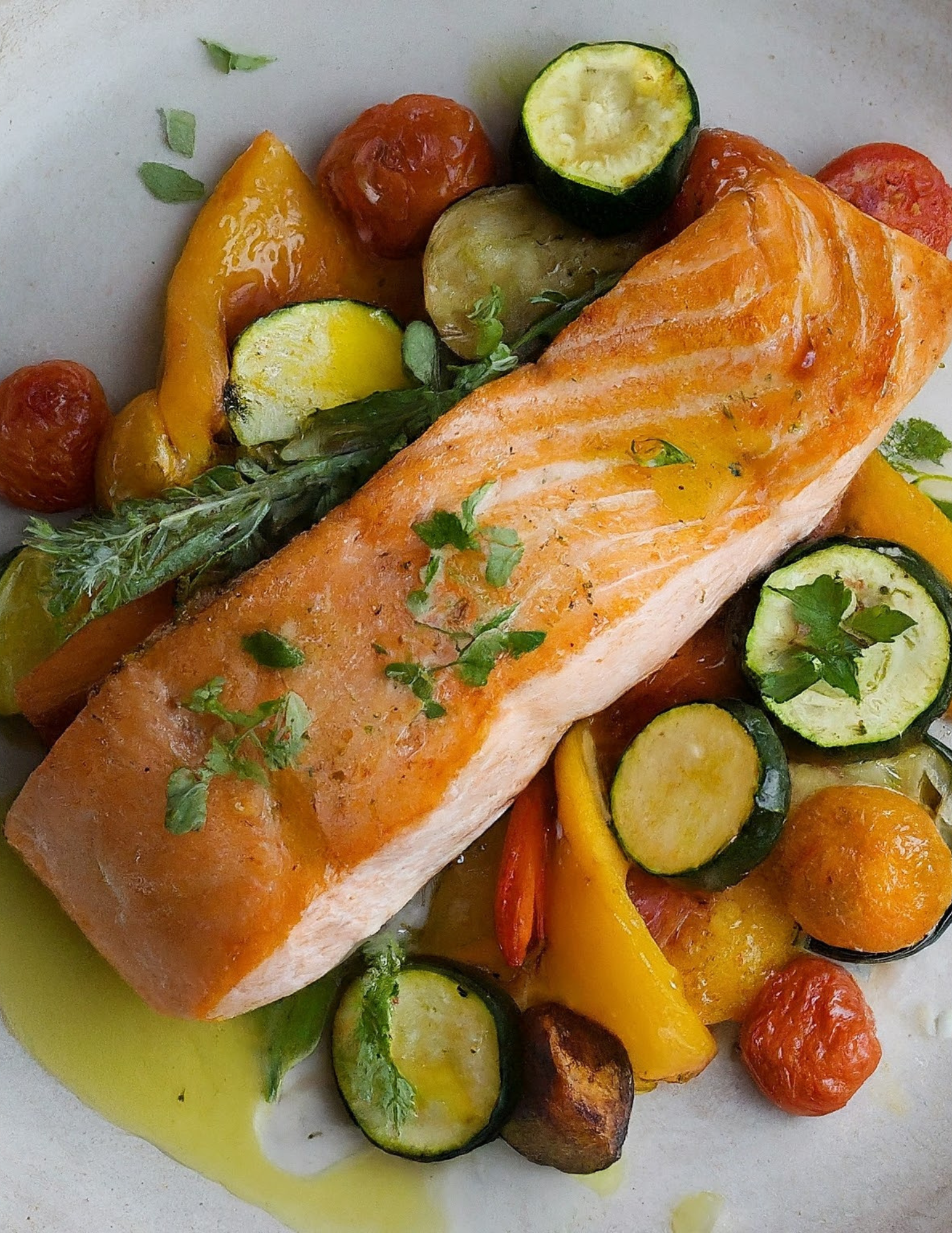Pan-Seared Salmon with Roasted Summer Veggies